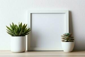 Frame mock up of blank picture standing on a shelf with succulent plant or cactus in scandinavian concept by AI Generated photo