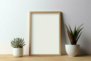 Frame mock up of blank picture standing on a shelf with succulent plant or cactus in scandinavian concept by AI Generated photo