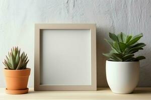 Frame mock up of blank picture standing on a shelf with succulent plant or cactus in scandinavian concept by AI Generated photo