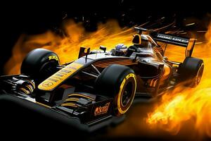 Fast racing car and pilot in formula one champion competitions with speed and flame. Motorsport car concept by AI Generated photo
