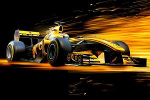 Fast racing car and pilot in formula one champion competitions with speed and flame. Motorsport car concept by AI Generated photo