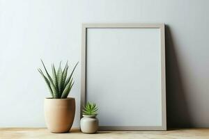 Frame mock up of blank picture standing on a shelf with succulent plant or cactus in scandinavian concept by AI Generated photo