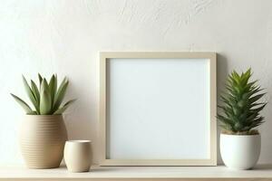 Frame mock up of blank picture standing on a shelf with succulent plant or cactus in scandinavian concept by AI Generated photo