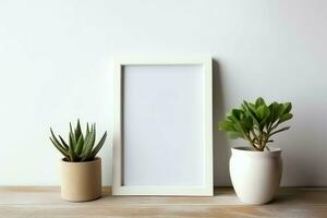 Frame mock up of blank picture standing on a shelf with succulent plant or cactus in scandinavian concept by AI Generated photo