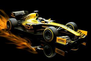 Fast racing car and pilot in formula one champion competitions with speed and flame. Motorsport car concept by AI Generated photo