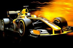 Fast racing car and pilot in formula one champion competitions with speed and flame. Motorsport car concept by AI Generated photo