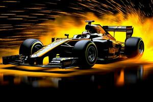 rápido carreras coche y piloto en fórmula uno campeón competiciones con velocidad y fuego. automovilismo coche concepto por ai generado foto