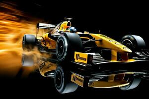 Fast racing car and pilot in formula one champion competitions with speed and flame. Motorsport car concept by AI Generated photo