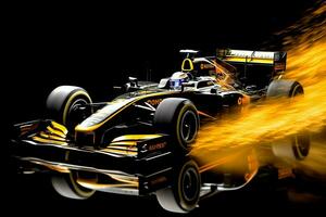 Fast racing car and pilot in formula one champion competitions with speed and flame. Motorsport car concept by AI Generated photo