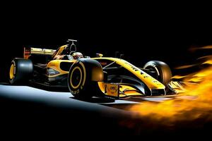 Fast racing car and pilot in formula one champion competitions with speed and flame. Motorsport car concept by AI Generated photo