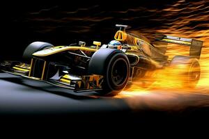 Fast racing car and pilot in formula one champion competitions with speed and flame. Motorsport car concept by AI Generated photo