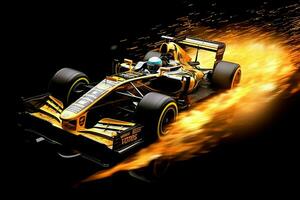 Fast racing car and pilot in formula one champion competitions with speed and flame. Motorsport car concept by AI Generated photo