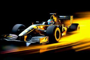 Fast racing car and pilot in formula one champion competitions with speed and flame. Motorsport car concept by AI Generated photo