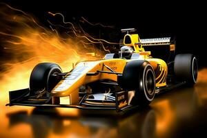 Fast racing car and pilot in formula one champion competitions with speed and flame. Motorsport car concept by AI Generated photo