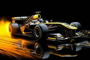 Fast racing car and pilot in formula one champion competitions with speed and flame. Motorsport car concept by AI Generated photo