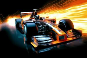 Fast racing car and pilot in formula one champion competitions with speed and flame. Motorsport car concept by AI Generated photo