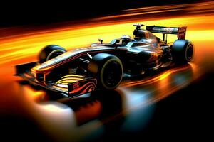 Fast racing car and pilot in formula one champion competitions with speed and flame. Motorsport car concept by AI Generated photo