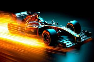 Fast racing car and pilot in formula one champion competitions with speed and flame. Motorsport car concept by AI Generated photo