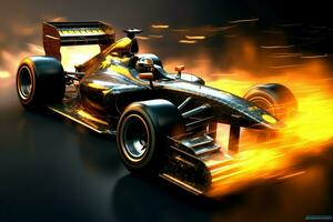 Fast racing car and pilot in formula one champion competitions with speed and flame. Motorsport car concept by AI Generated photo