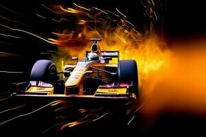 Fast racing car and pilot in formula one champion competitions with speed and flame. Motorsport car concept by AI Generated photo