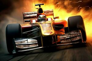 Fast racing car and pilot in formula one champion competitions with speed and flame. Motorsport car concept by AI Generated photo