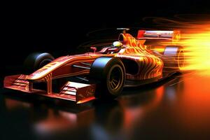 Fast racing car and pilot in formula one champion competitions with speed and flame. Motorsport car concept by AI Generated photo