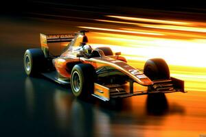 Fast racing car and pilot in formula one champion competitions with speed and flame. Motorsport car concept by AI Generated photo