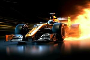 Fast racing car and pilot in formula one champion competitions with speed and flame. Motorsport car concept by AI Generated photo