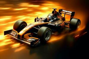 Fast racing car and pilot in formula one champion competitions with speed and flame. Motorsport car concept by AI Generated photo