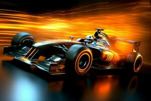 Fast racing car and pilot in formula one champion competitions with speed and flame. Motorsport car concept by AI Generated photo