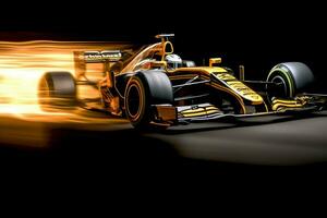 Fast racing car and pilot in formula one champion competitions with speed and flame. Motorsport car concept by AI Generated photo