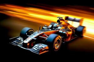 Fast racing car and pilot in formula one champion competitions with speed and flame. Motorsport car concept by AI Generated photo