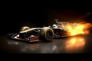 Fast racing car and pilot in formula one champion competitions with speed and flame. Motorsport car concept by AI Generated photo