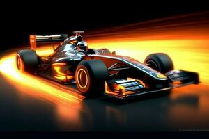 Fast racing car and pilot in formula one champion competitions with speed and flame. Motorsport car concept by AI Generated photo