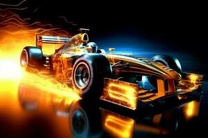 Fast racing car and pilot in formula one champion competitions with speed and flame. Motorsport car concept by AI Generated photo