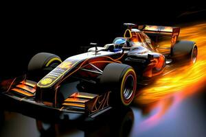 Fast racing car and pilot in formula one champion competitions with speed and flame. Motorsport car concept by AI Generated photo