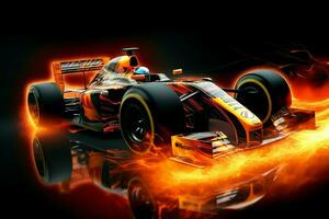 Fast racing car and pilot in formula one champion competitions with speed and flame. Motorsport car concept by AI Generated photo