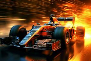 Fast racing car and pilot in formula one champion competitions with speed and flame. Motorsport car concept by AI Generated photo