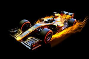 Fast racing car and pilot in formula one champion competitions with speed and flame. Motorsport car concept by AI Generated photo