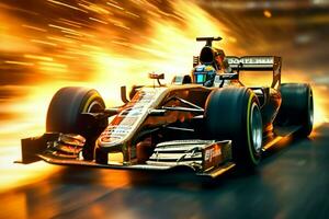 Fast racing car and pilot in formula one champion competitions with speed and flame. Motorsport car concept by AI Generated photo