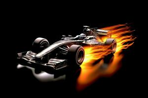 Fast racing car and pilot in formula one champion competitions with speed and flame. Motorsport car concept by AI Generated photo