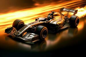 Fast racing car and pilot in formula one champion competitions with speed and flame. Motorsport car concept by AI Generated photo