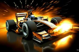 Fast racing car and pilot in formula one champion competitions with speed and flame. Motorsport car concept by AI Generated photo