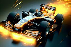 Fast racing car and pilot in formula one champion competitions with speed and flame. Motorsport car concept by AI Generated photo