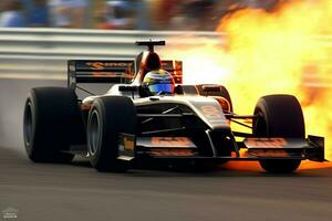 rápido carreras coche y piloto en fórmula uno campeón competiciones con velocidad y fuego. automovilismo coche concepto por ai generado foto