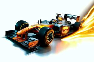 Fast racing car and pilot in formula one champion competitions with speed and flame. Motorsport car concept by AI Generated photo