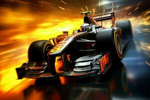 Fast racing car and pilot in formula one champion competitions with speed and flame. Motorsport car concept by AI Generated photo