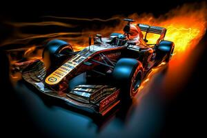 Fast racing car and pilot in formula one champion competitions with speed and flame. Motorsport car concept by AI Generated photo