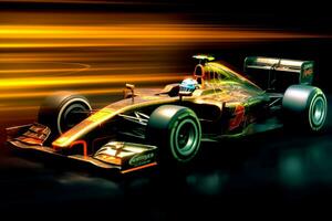 Fast racing car and pilot in formula one champion competitions with speed and flame. Motorsport car concept by AI Generated photo