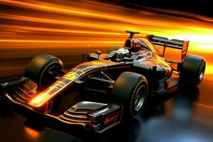 Fast racing car and pilot in formula one champion competitions with speed and flame. Motorsport car concept by AI Generated photo